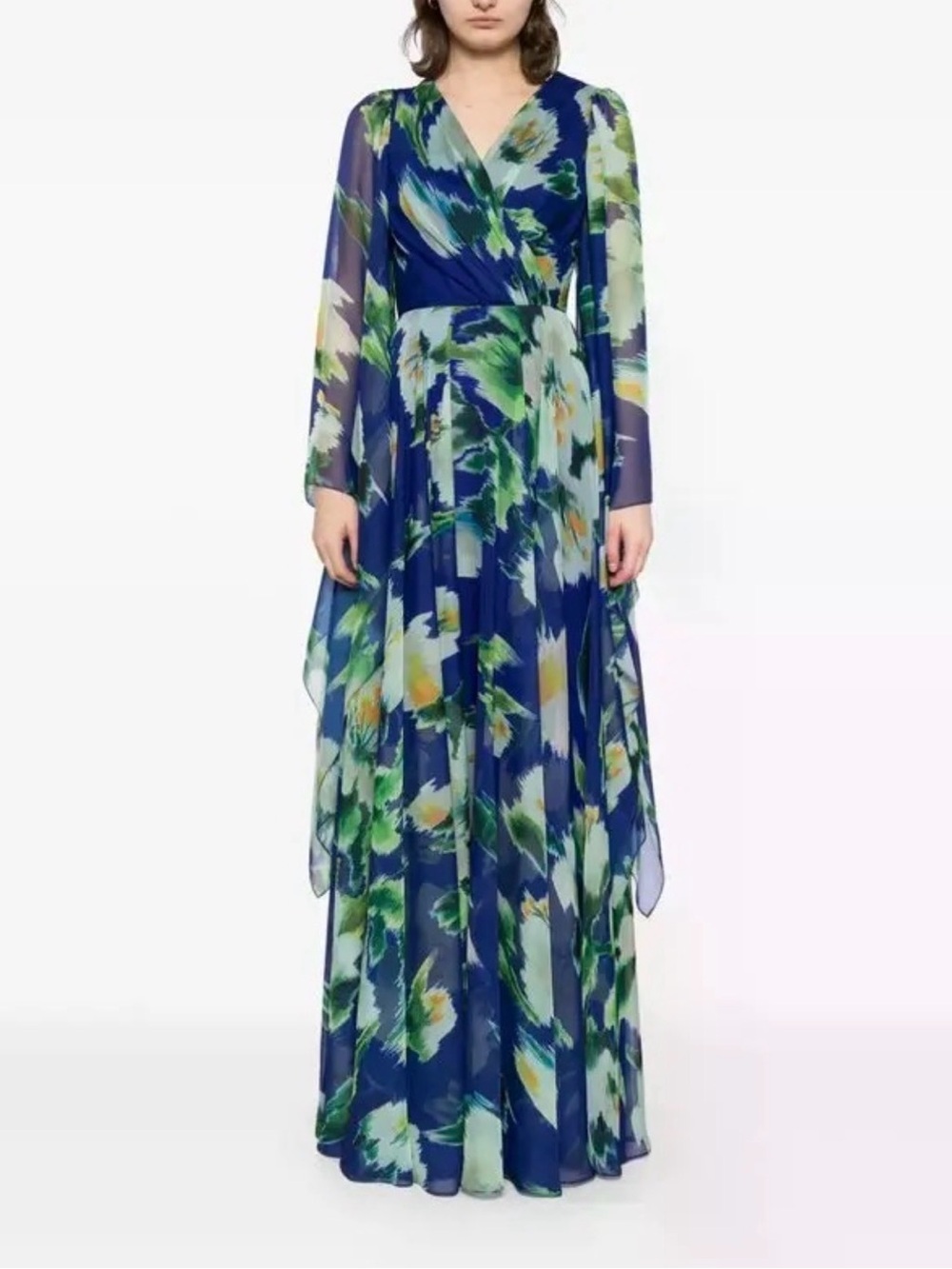 Amsale Blue & Green Floral Maxi Dress